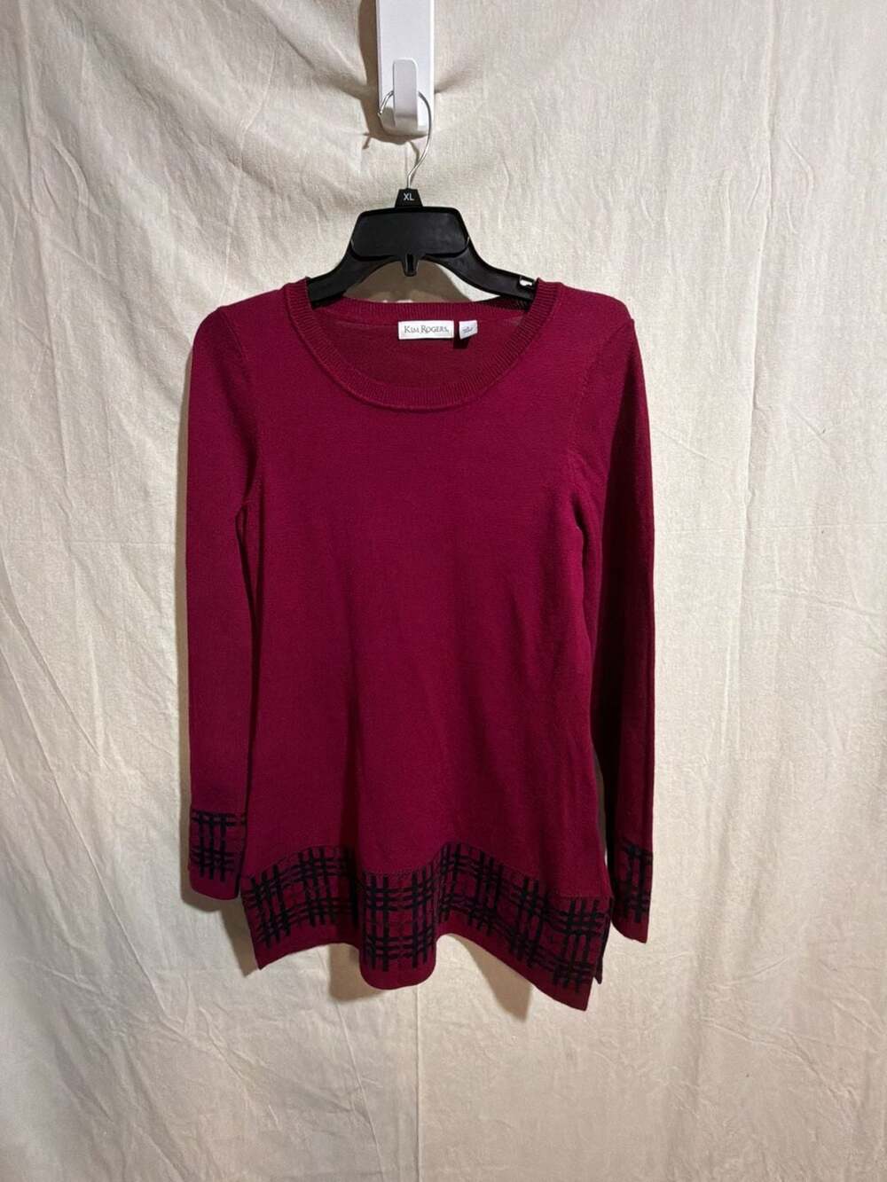 Kim Rogers Red Plaid Trim Long Sleeve Sweater Tunic